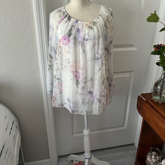 Viola Borghi Made in Italy Floral Blouse White and Purple Silk Long Sleeve NWOT - Picture 1 of 6